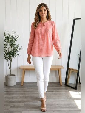 ELLE Women's Coral Pink Textured Chevron Blouse with Keyhole Tie Neck Size L
